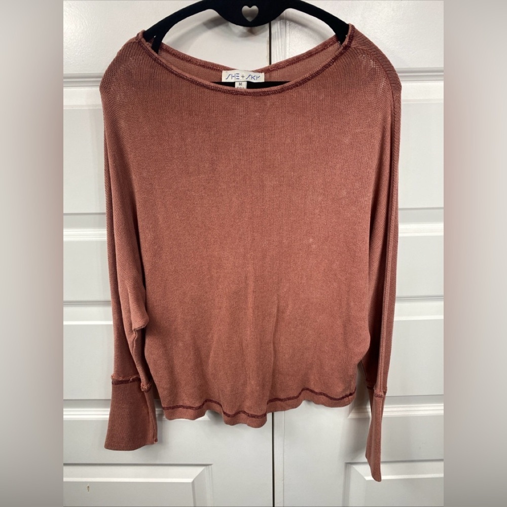 She + Sky Women's Knit Sweater Boxy Brown Winged Sleeves Oversized Henley Top